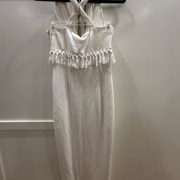 Saylor White Ribbed Midi Dress with Fringe and Slit, small - Picture 3 of 5